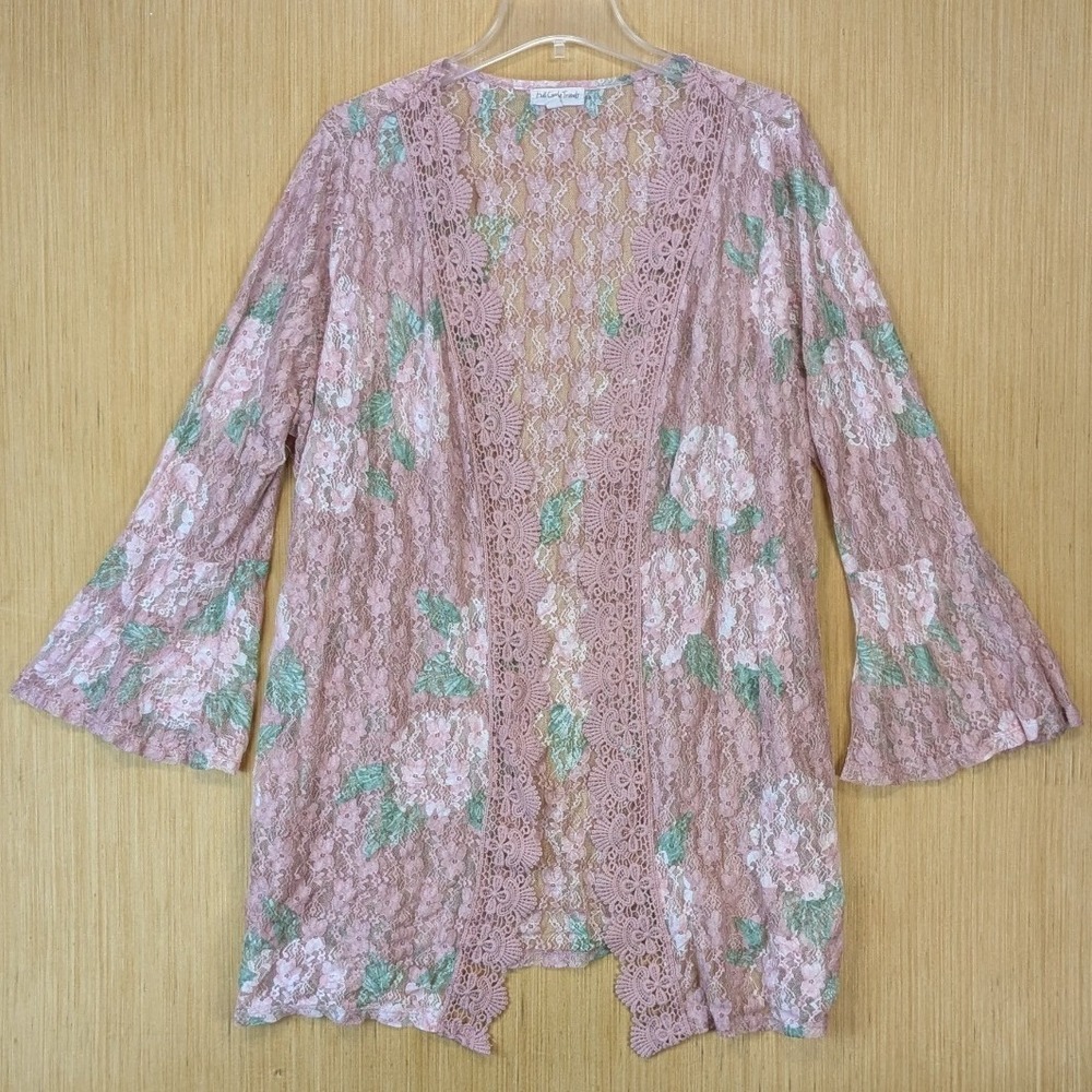 Women's Boho Feminine Pink Floral Lace Festival Bell Sleeve Cardigan Womens 3X